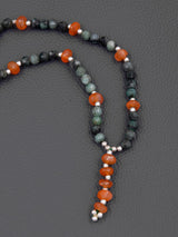 Classic Single Stranded Fire Opal Emerald Silvery Oxidised Long Necklace