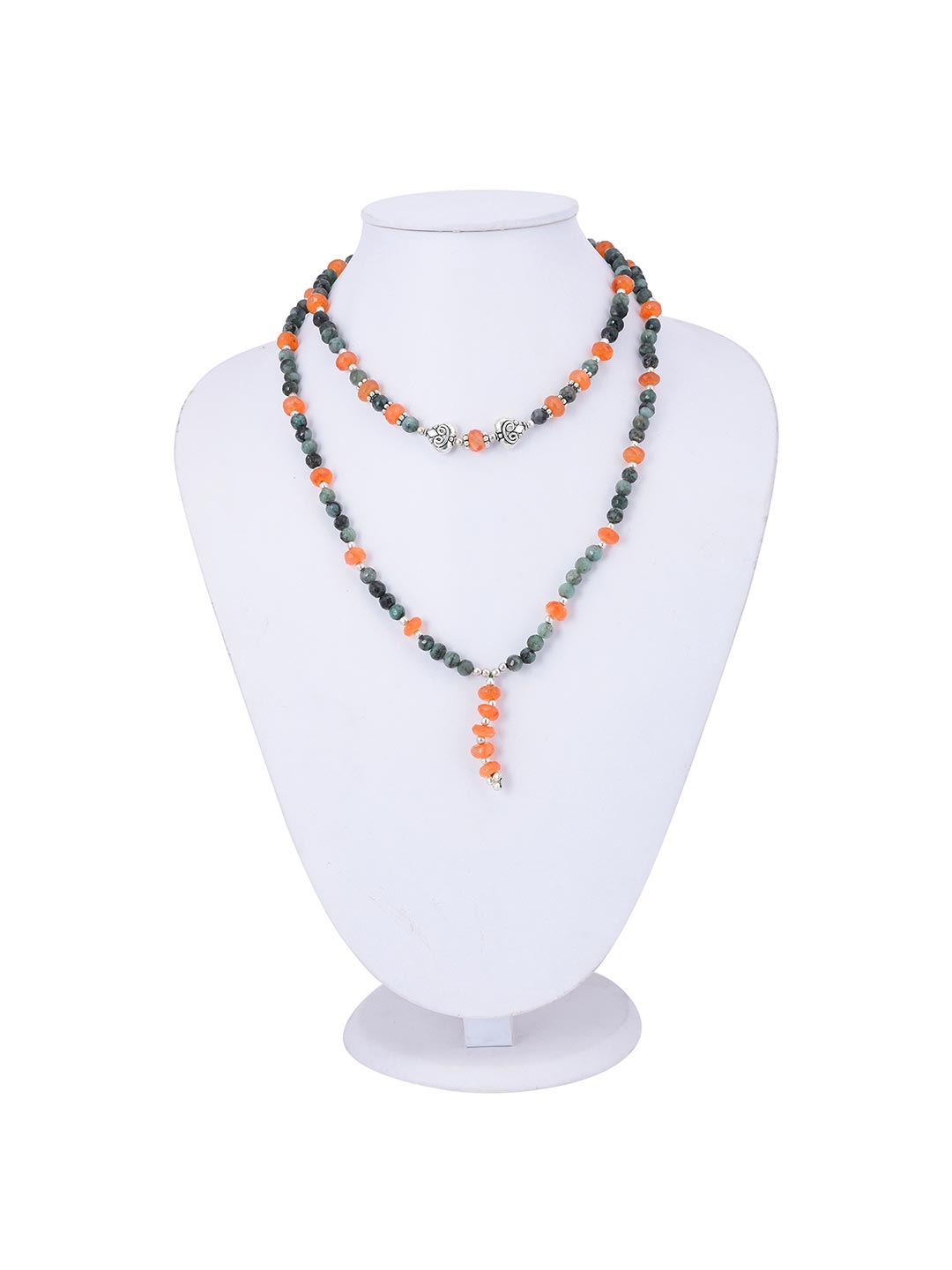 Classic Single Stranded Fire Opal Emerald Silvery Oxidised Long Necklace
