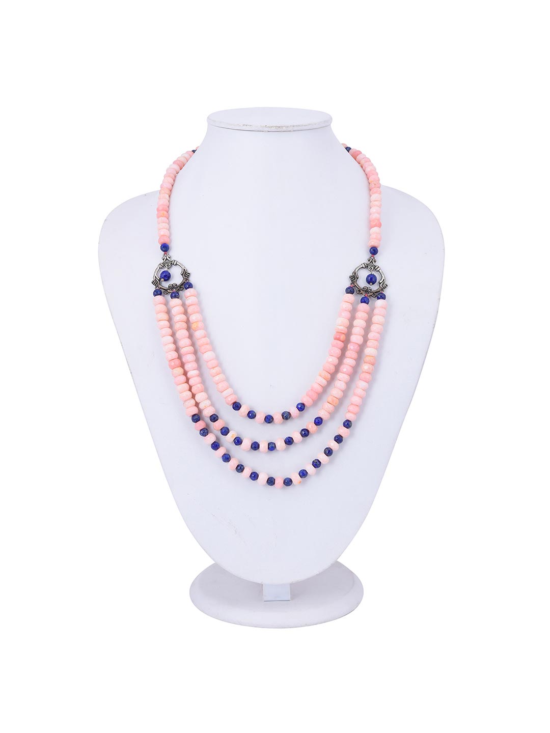 Classic Pink Opal and Lapis Multi Stranded Silver Oxidised Necklace