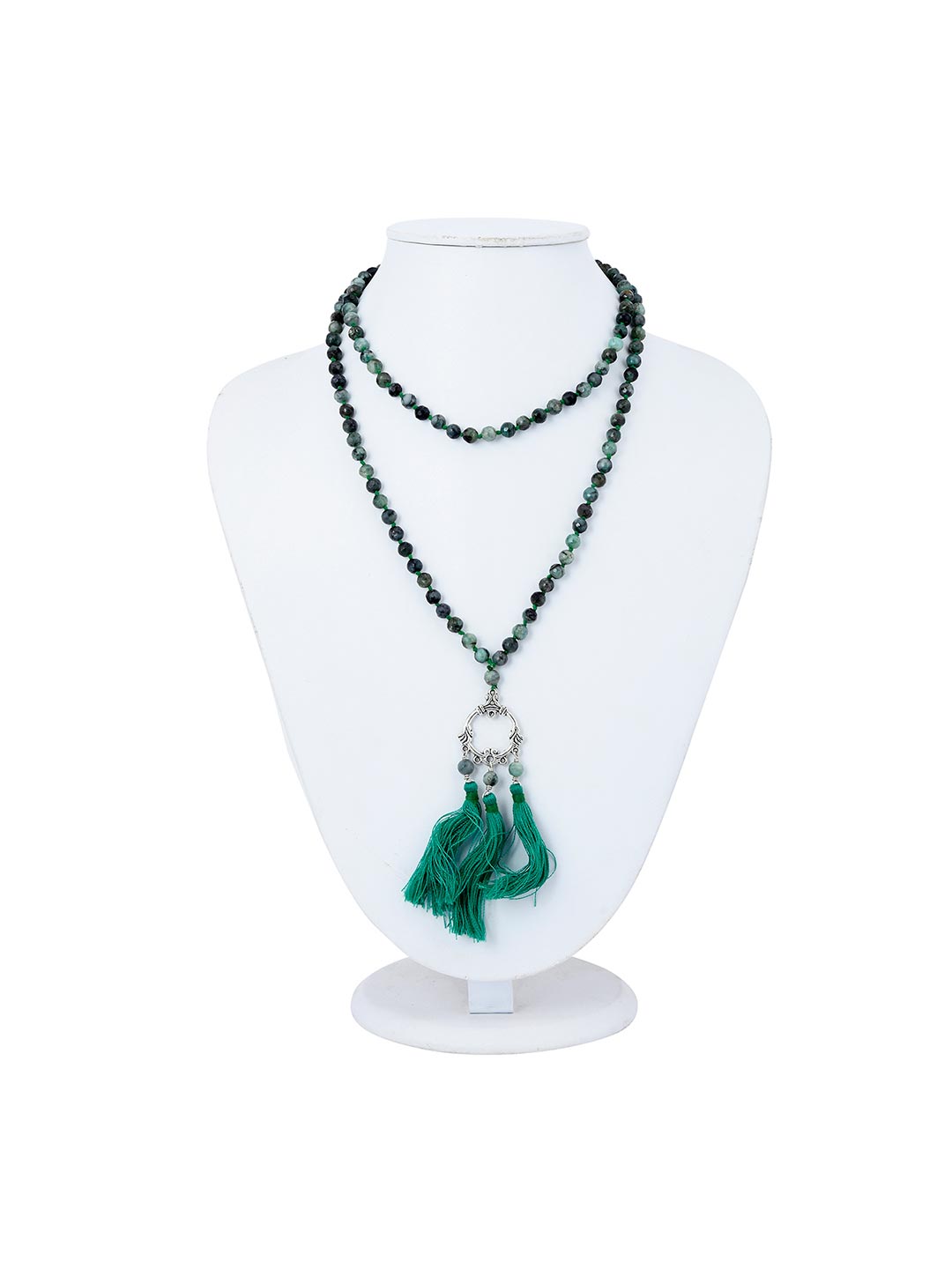 Classic Single Strand Knotted Emerald Long Tasseled Necklace