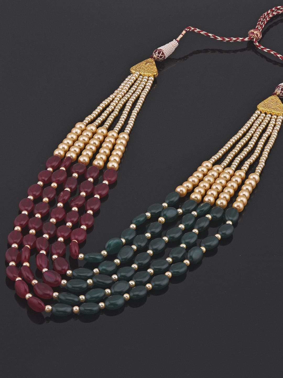 Traditional Red Green Stones and Pearls Beaded Necklace