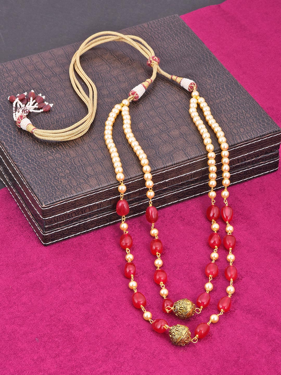 Traditional Red Stones and Pearls Necklace