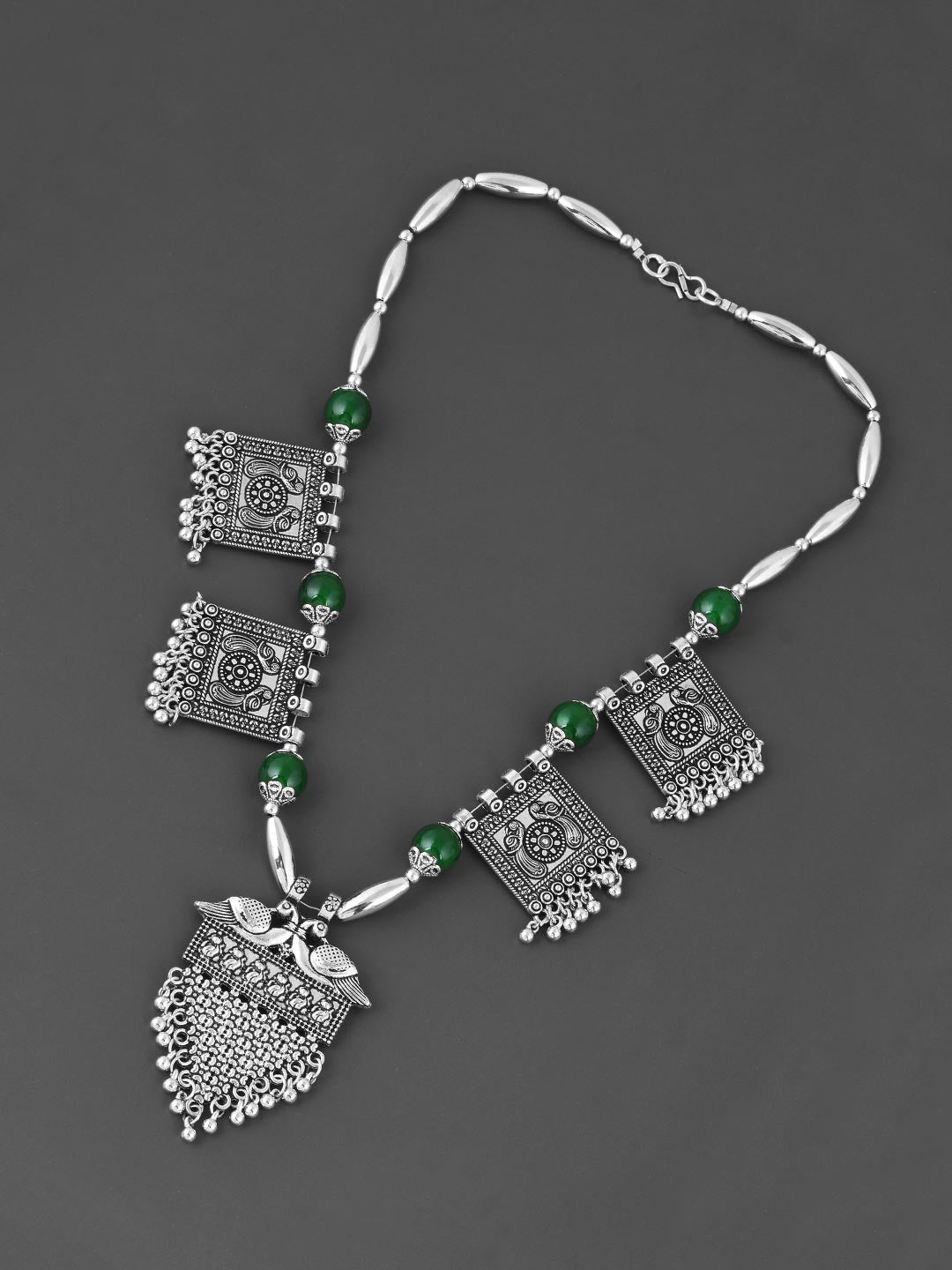Old Silver Green Peacock Motif Necklace