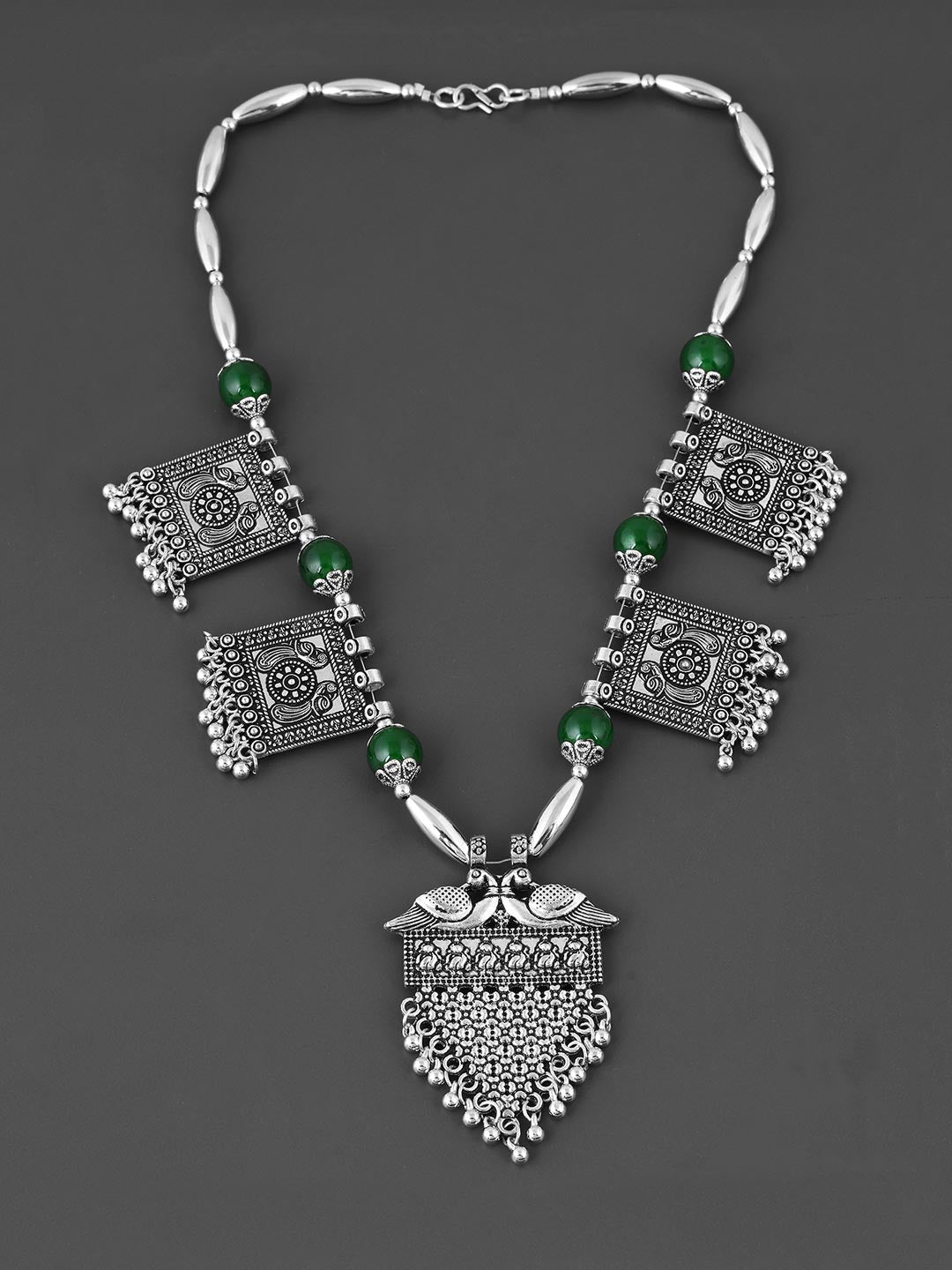 Old Silver Green Peacock Motif Necklace