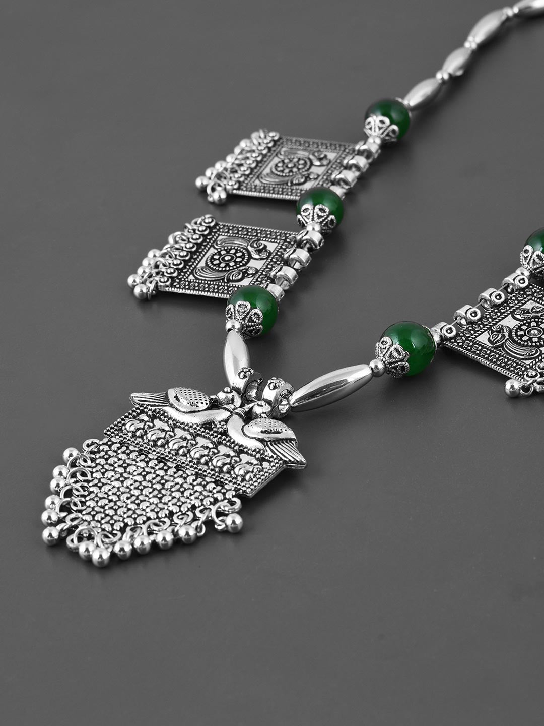 Old Silver Green Peacock Motif Necklace