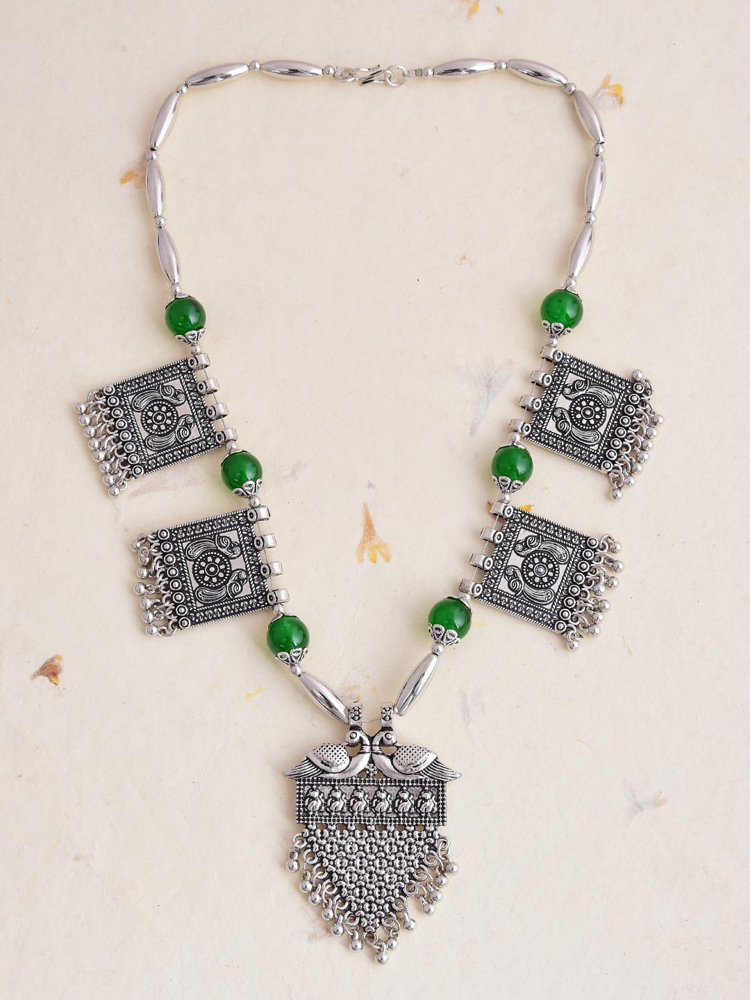 Old Silver Green Peacock Motif Necklace