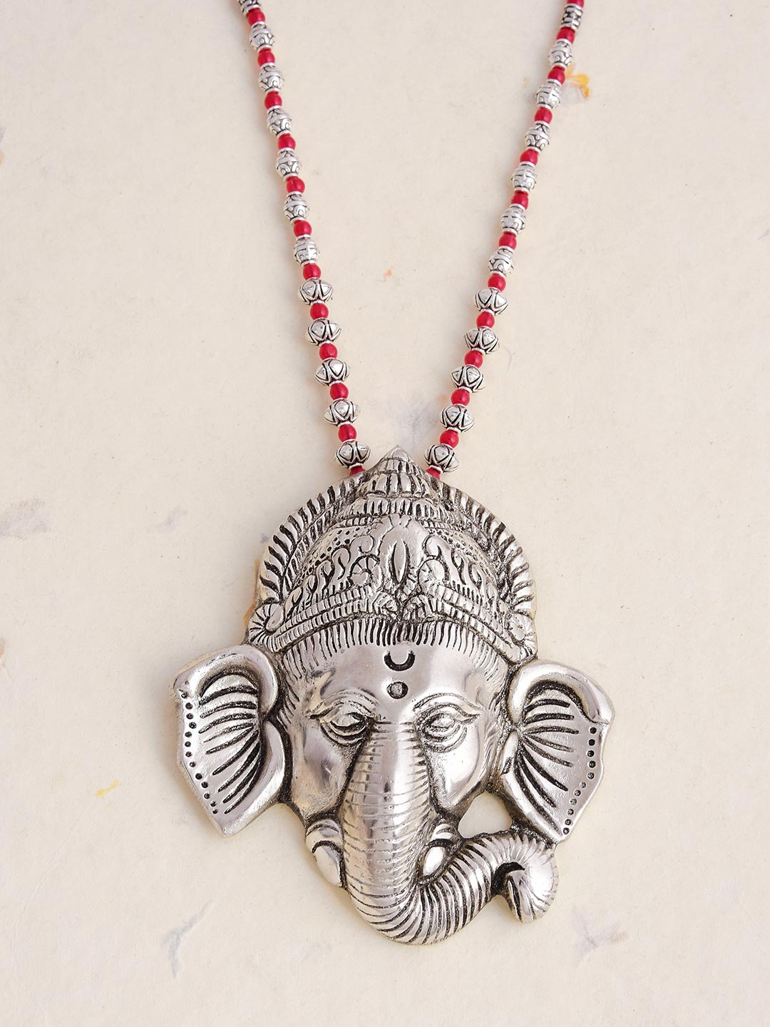 Old Silver Red Lord Ganesh Statement Necklace