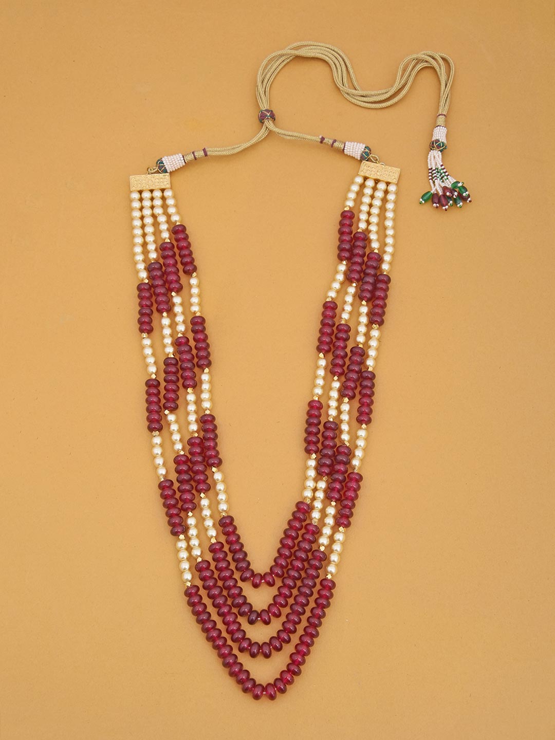 Pearl and Red Colored Stones Layered Groom Necklace