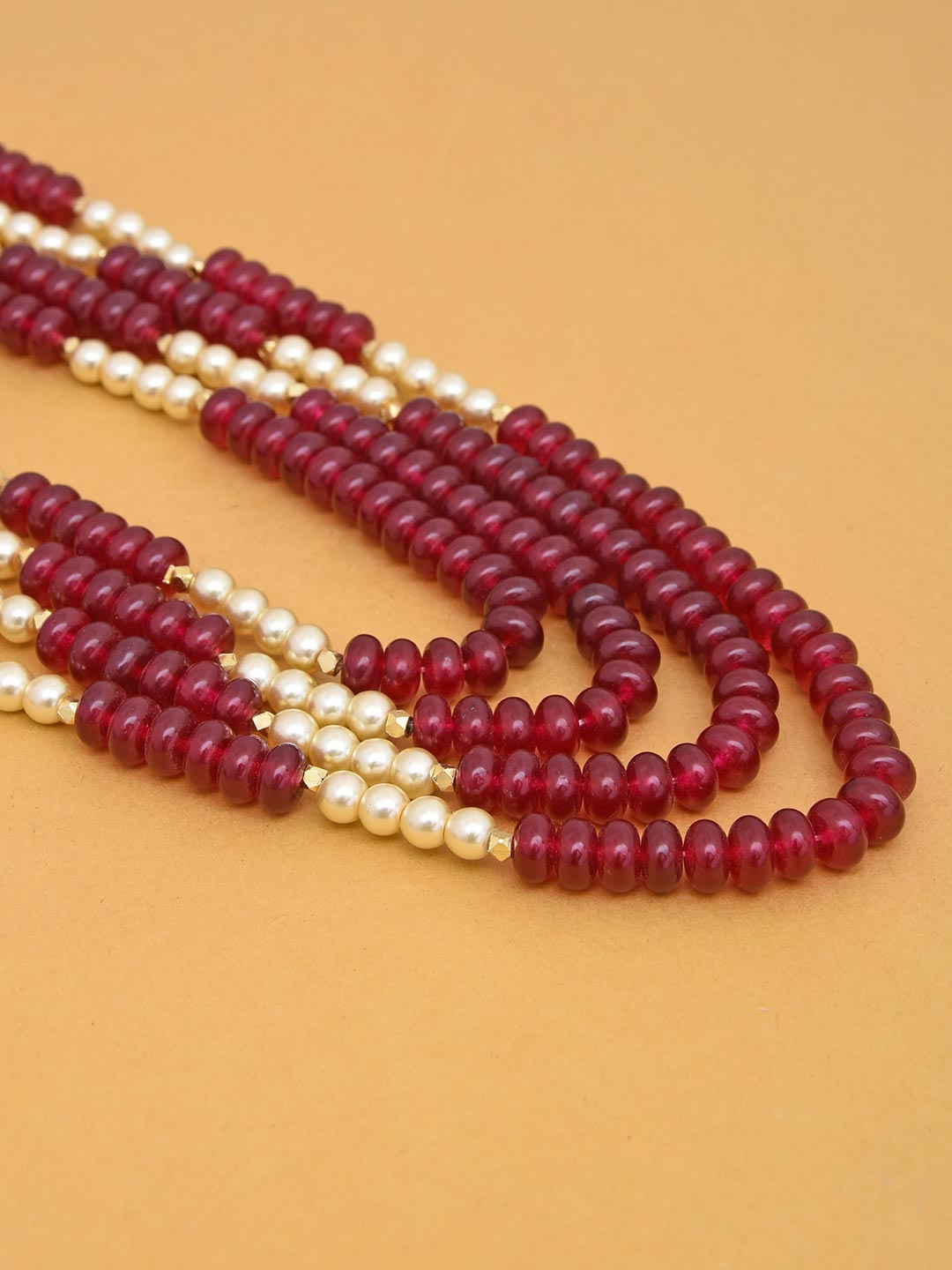 Pearl and Red Colored Stones Layered Groom Necklace