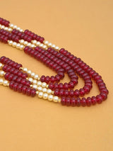 Pearl and Red Colored Stones Layered Groom Necklace