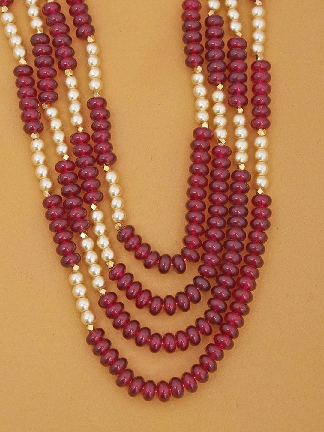 Pearl and Red Colored Stones Layered Groom Necklace