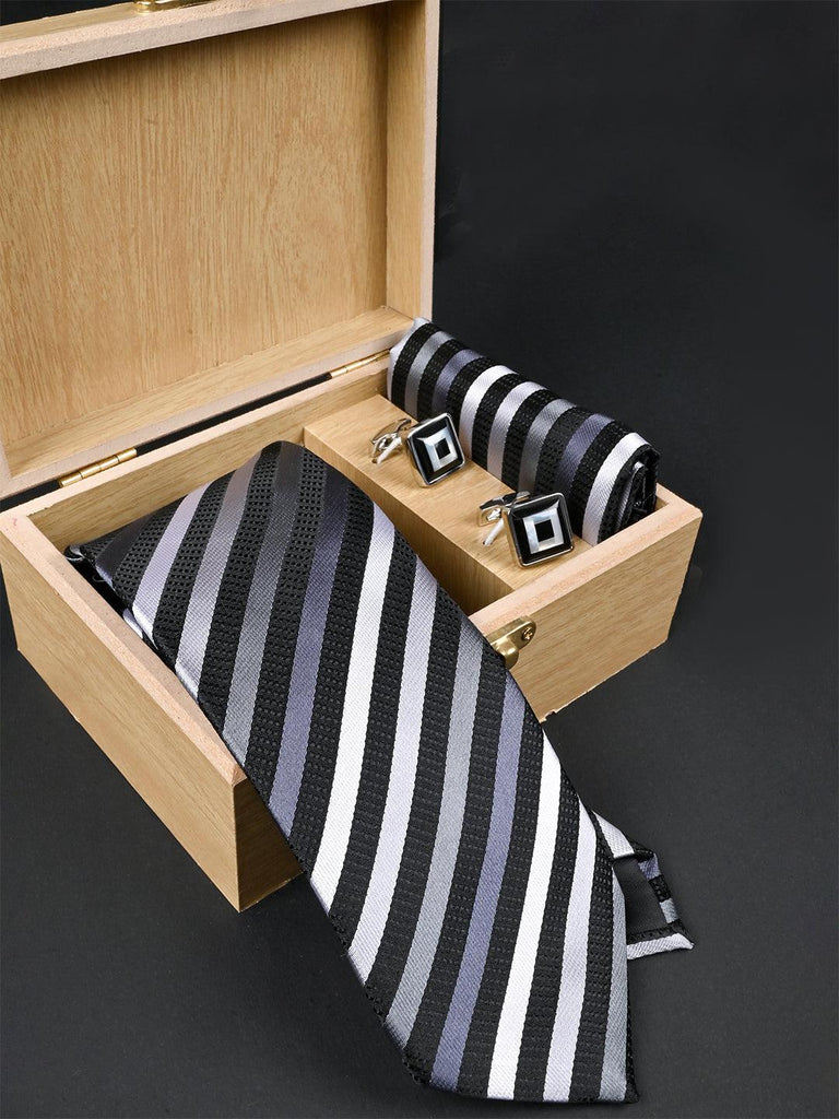 Black Striped Micro Silk Necktie With Pocket Square & Cufflinks - Tistabene