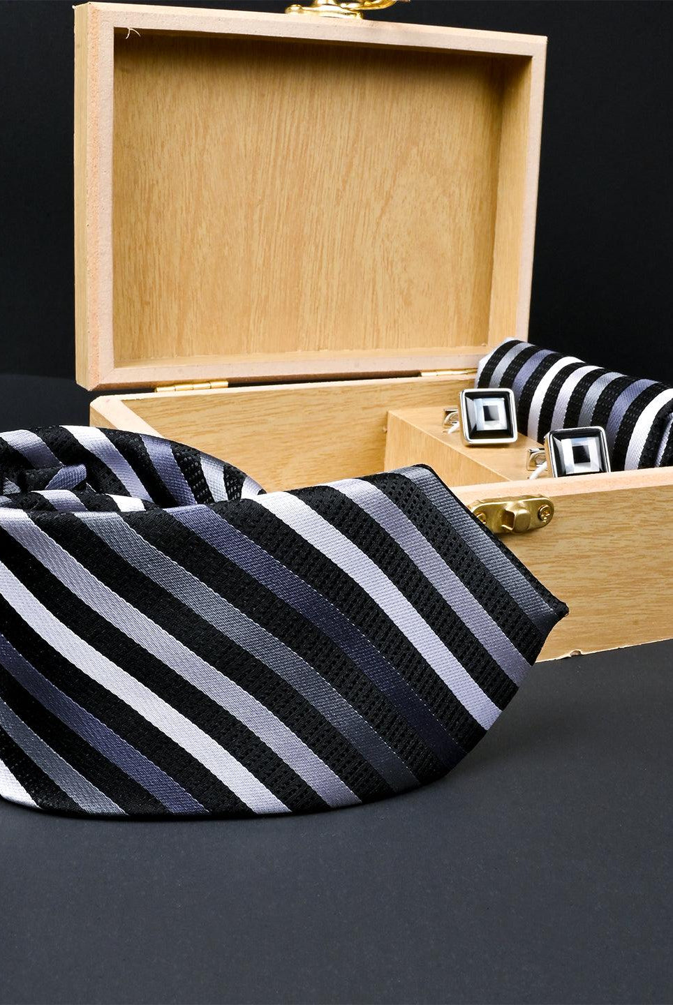 Black Striped Micro Silk Necktie With Pocket Square & Cufflinks - Tistabene