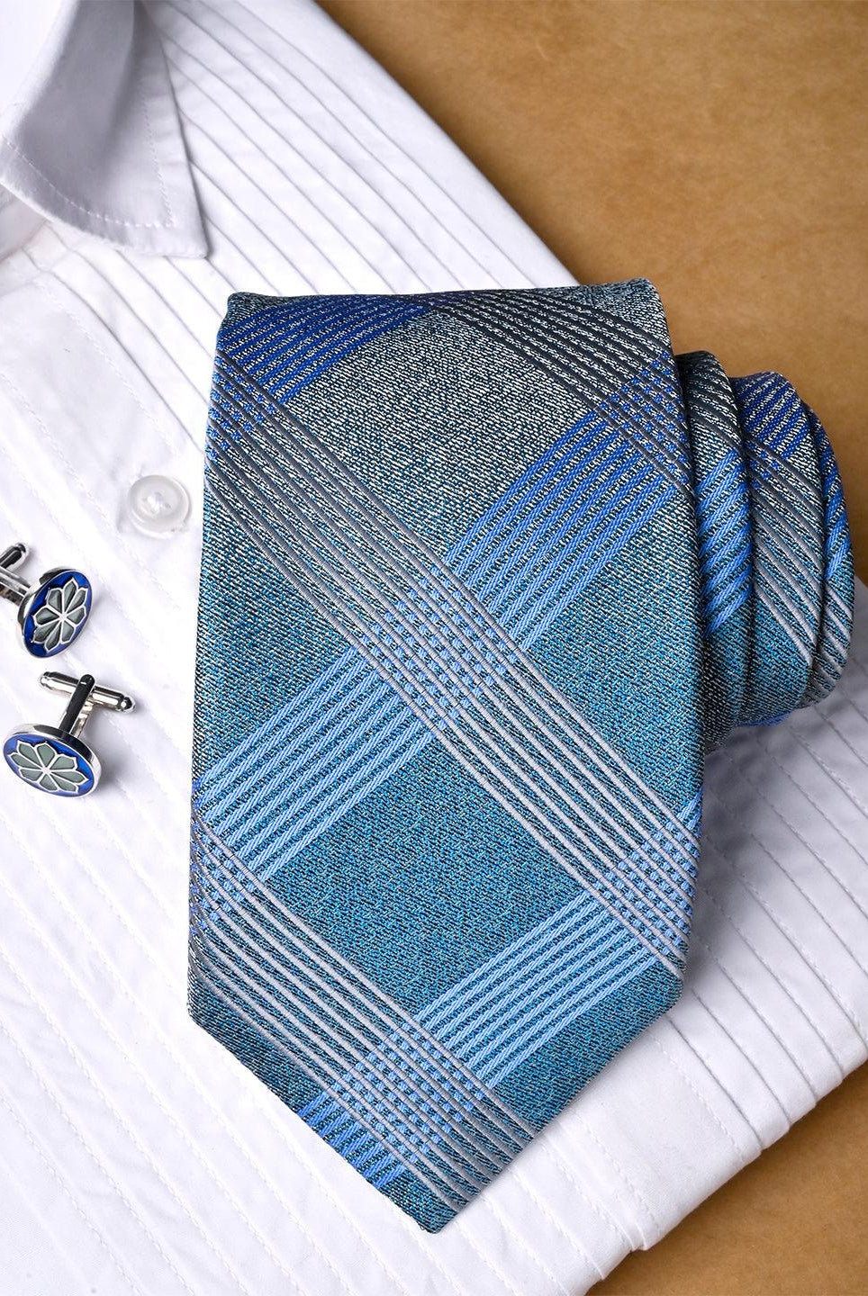 Multicolor Checkered Micro Silk Necktie With Pocket Square & Cufflinks - Tistabene