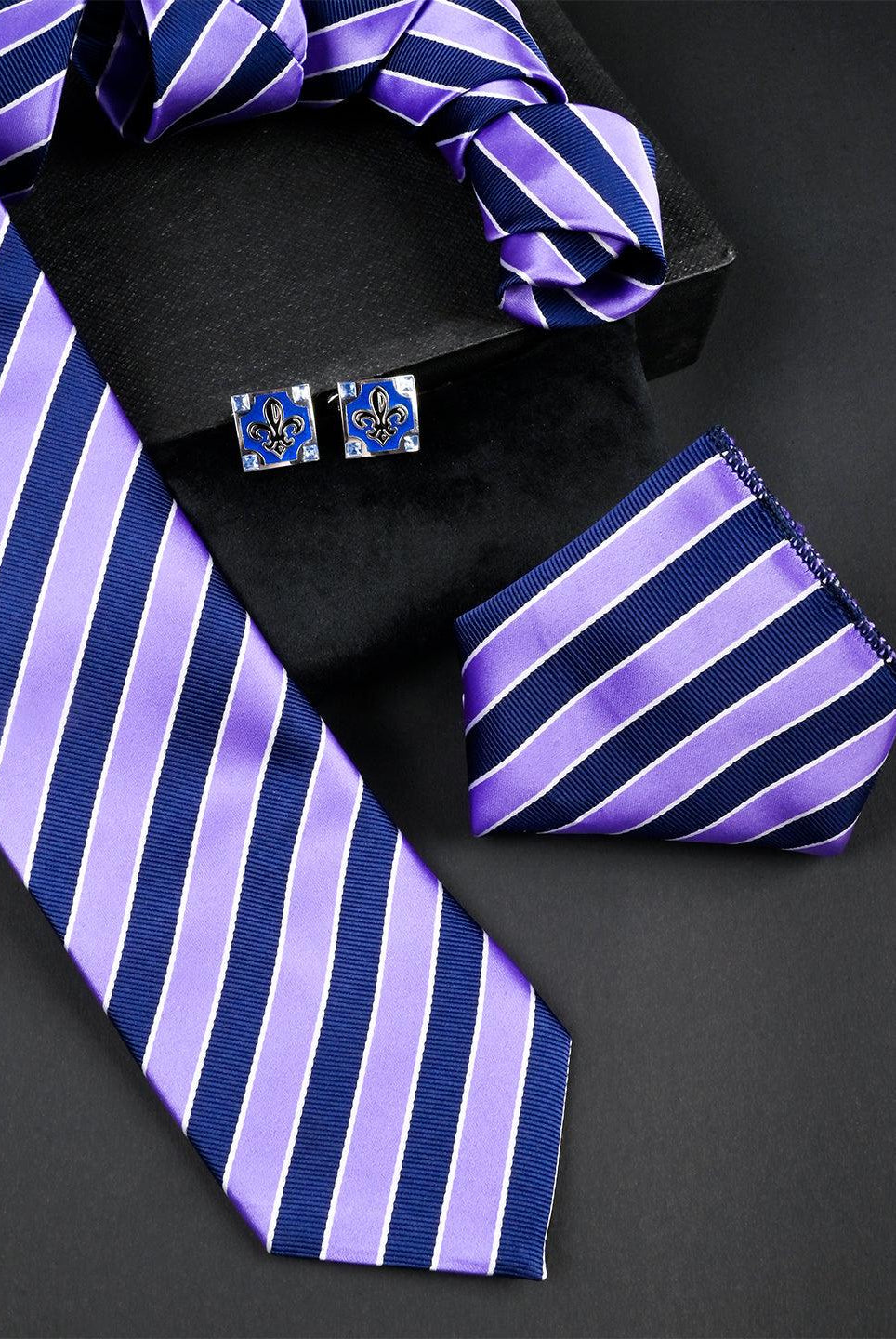 Purple Striped Micro Silk Necktie With Pocket Square & Cufflinks - Tistabene