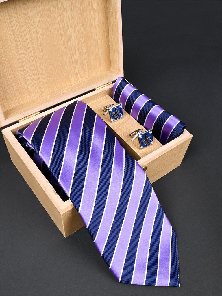 Purple Striped Micro Silk Necktie With Pocket Square & Cufflinks - Tistabene
