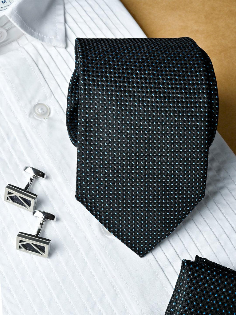 Black Polka Dots Micro Silk Necktie With Pocket Square & Cufflinks - Tistabene