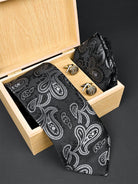 Black Paisley Micro Silk Necktie With Pocket Square & Cufflinks - Tistabene