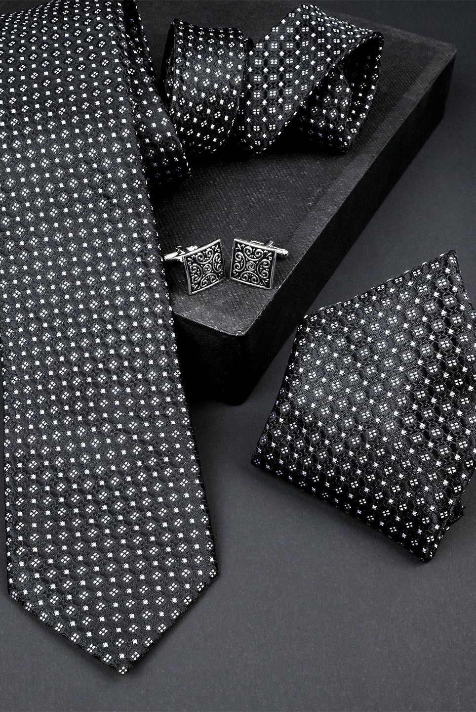 Black Floral Micro Silk Necktie With Pocket Square & Cufflinks - Tistabene