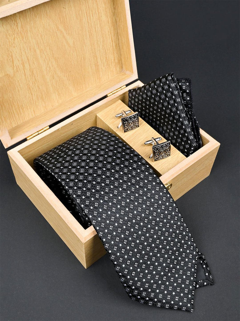 Black Floral Micro Silk Necktie With Pocket Square & Cufflinks - Tistabene