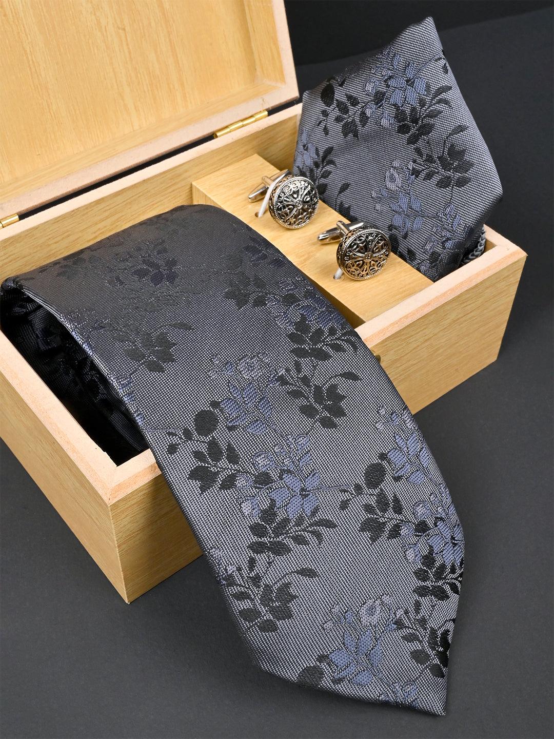 Grey Floral Micro Silk Necktie With Pocket Square & Cufflinks - Tistabene