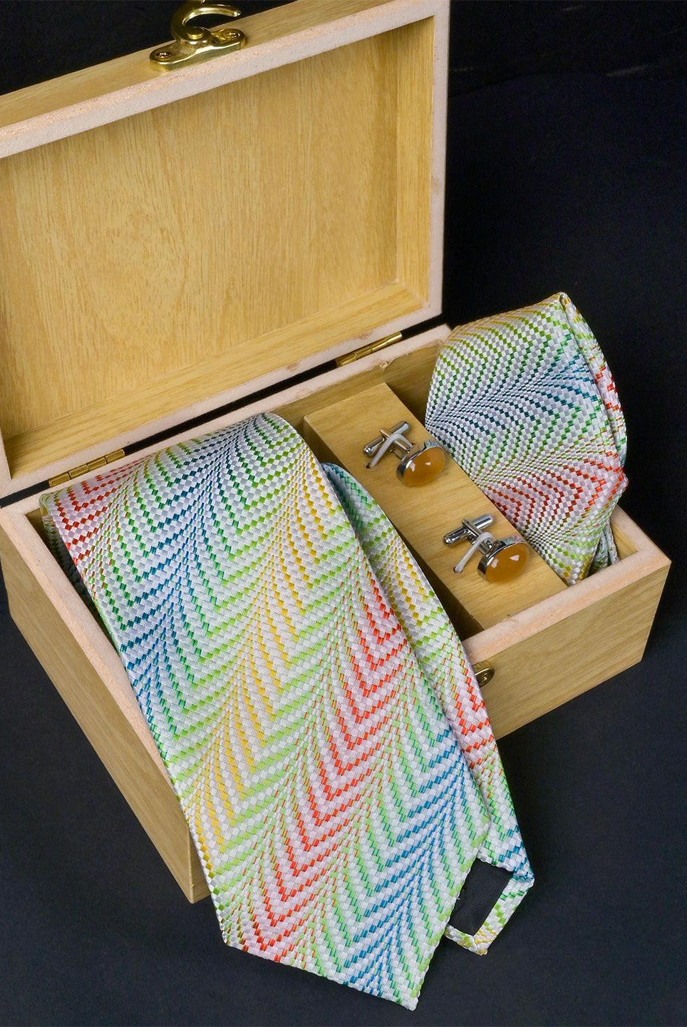Multi Directional Micro Silk Necktie With Pocket Square & Cufflinks - Tistabene