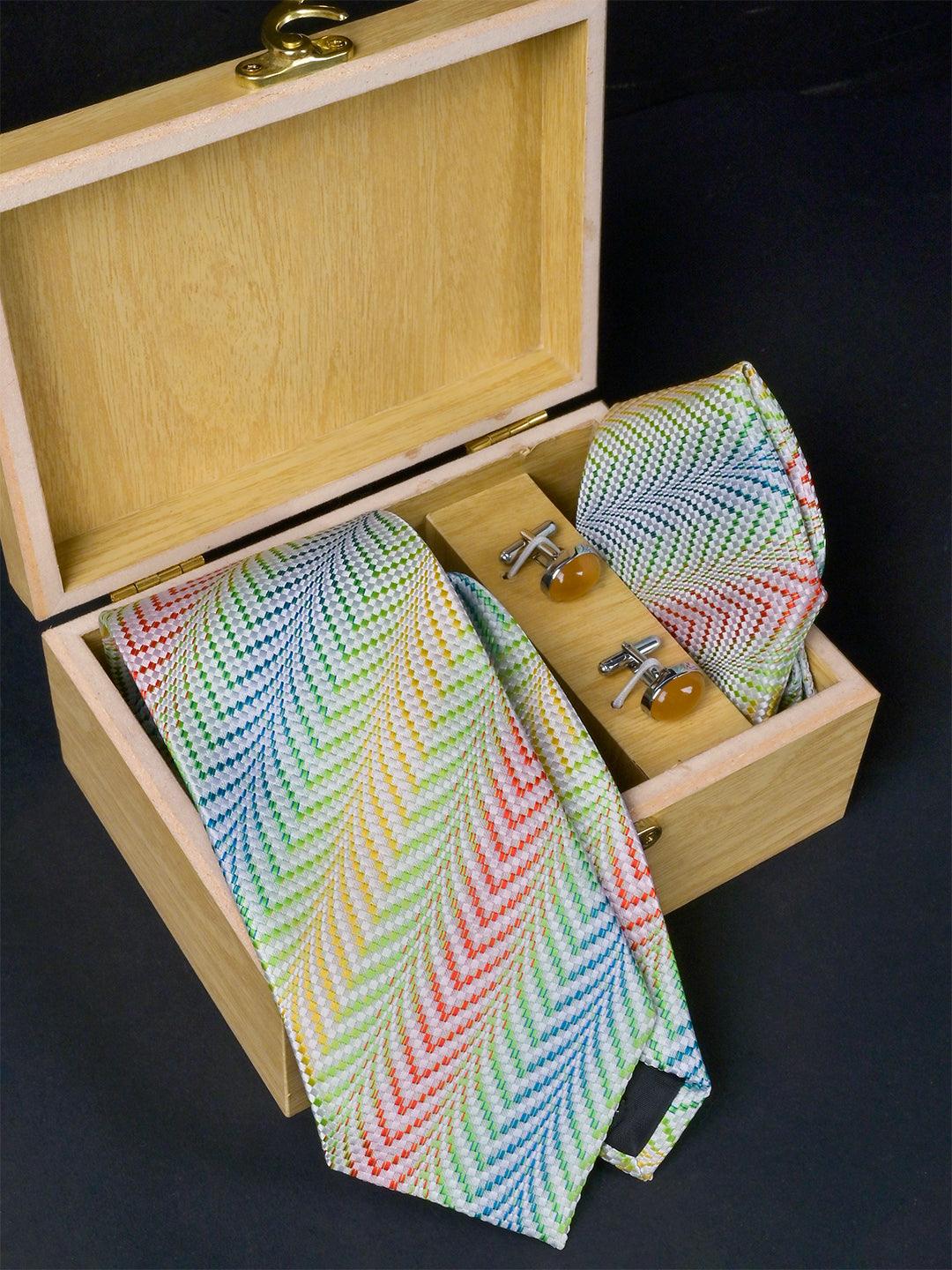 Multi Directional Micro Silk Necktie With Pocket Square & Cufflinks - Tistabene