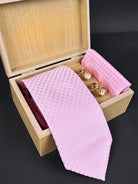 Baby Pink Floral Micro Silk Necktie With Pocket Square & Cufflinks - Tistabene