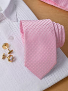 Baby Pink Floral Micro Silk Necktie With Pocket Square & Cufflinks - Tistabene