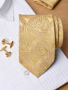 Golden Paisley Micro Silk Necktie With Pocket Square & Cufflinks - Tistabene