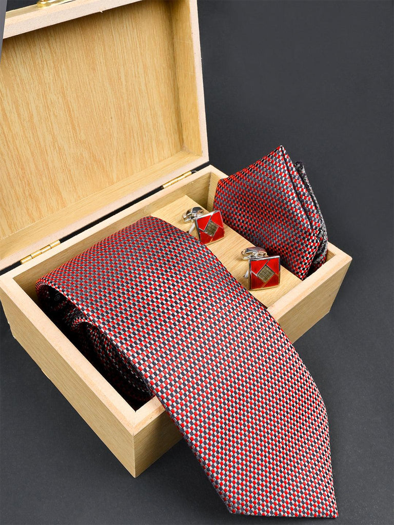 Red Checkered Micro Silk Necktie With Pocket Square & Cufflinks - Tistabene