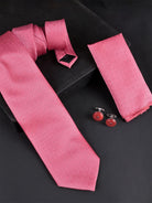 Pink Dobby Weave Micro Silk Necktie With Pocket Square & Cufflinks - Tistabene