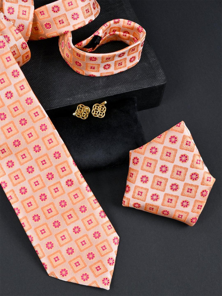 Peach Handwoven Micro Silk Necktie With Pocket Square & Cufflinks - Tistabene