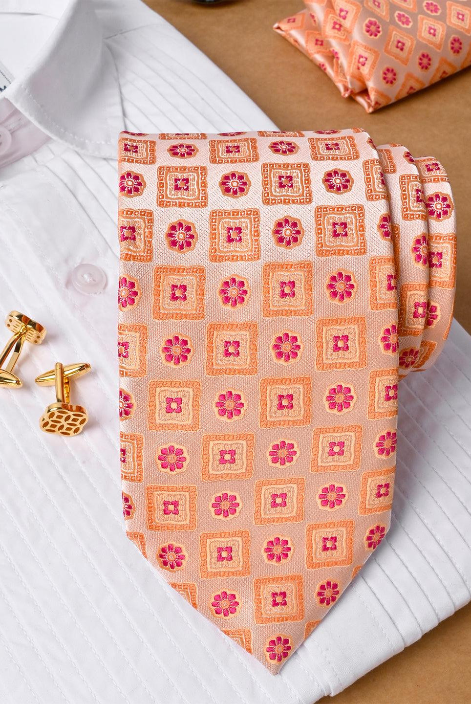 Peach Handwoven Micro Silk Necktie With Pocket Square & Cufflinks - Tistabene