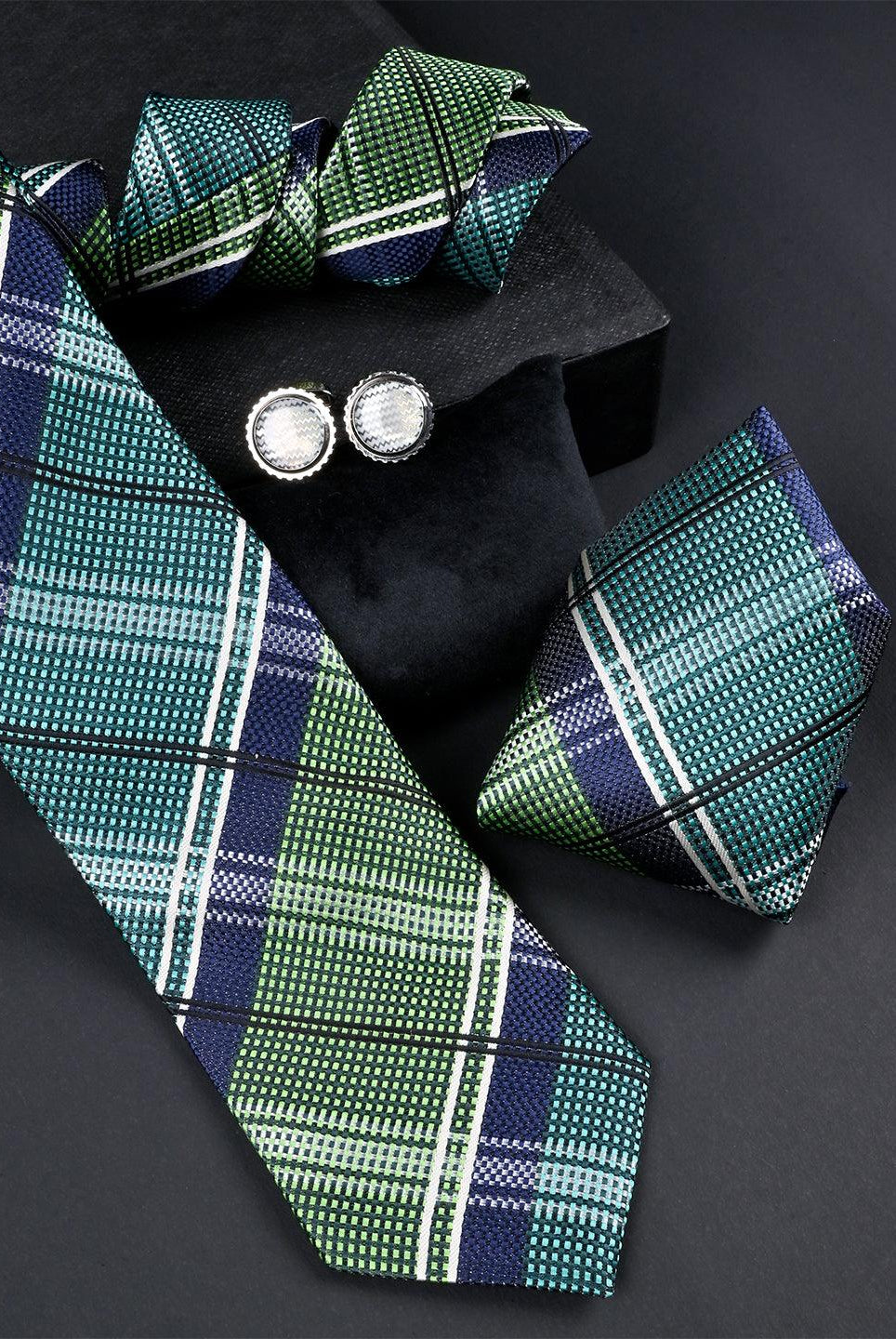 Green Checkered Micro Silk Necktie With Pocket Square & Cufflinks - Tistabene