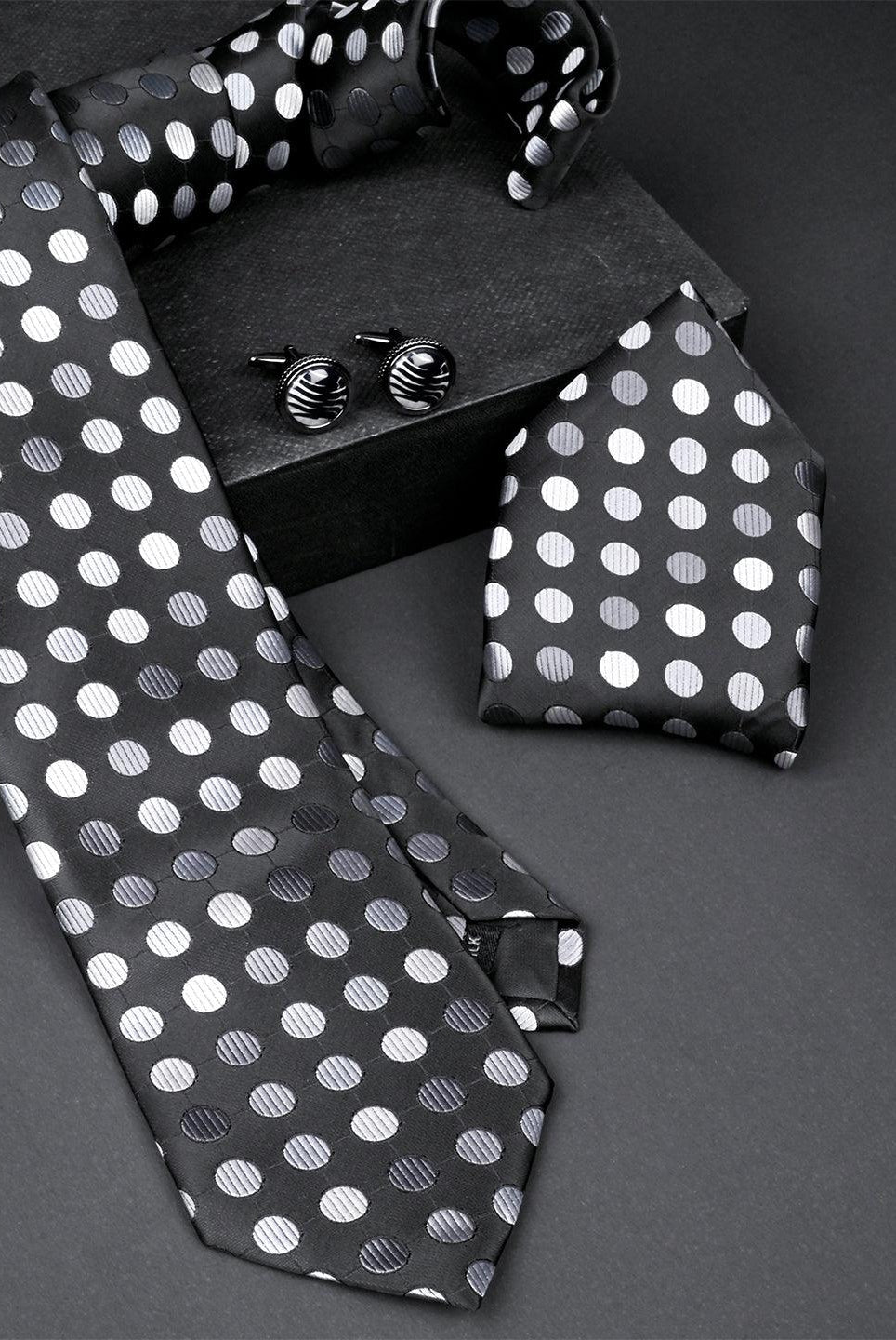 Black Polka Dots Micro Silk Necktie With Pocket Square & Cufflinks - Tistabene
