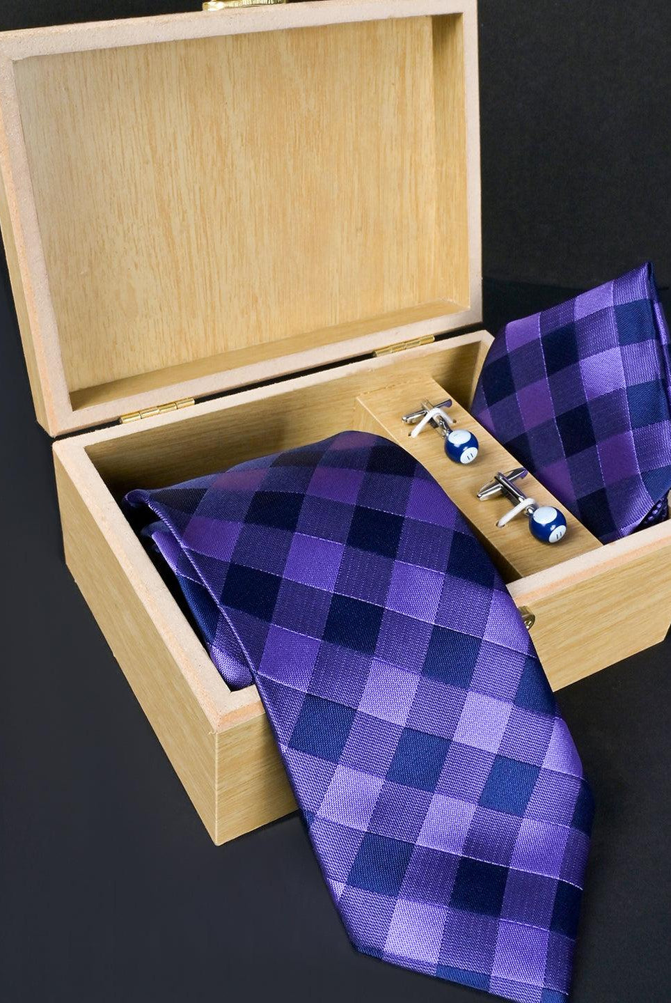 Purple Checkered Micro Silk Necktie With Pocket Square & Cufflinks - Tistabene
