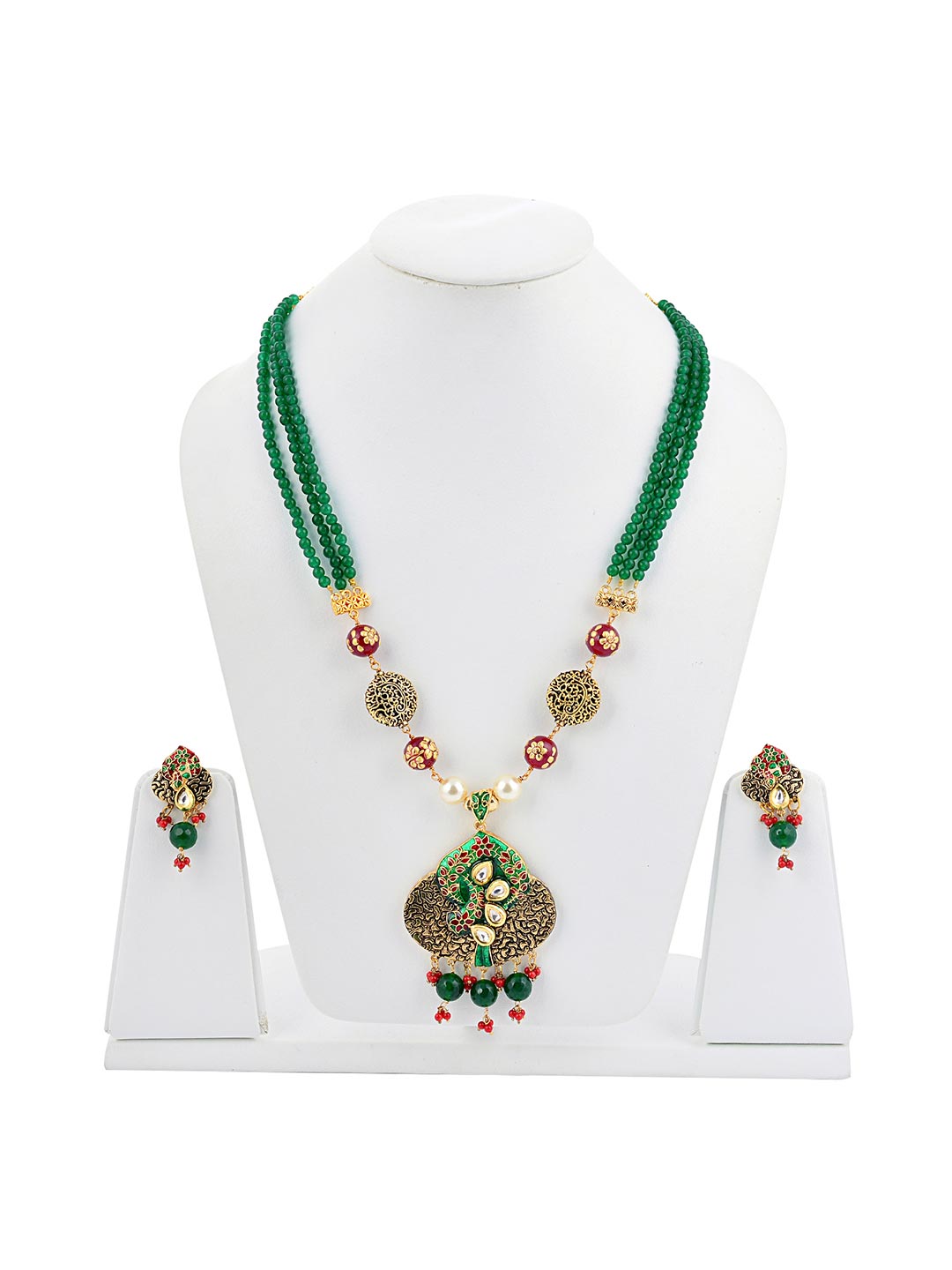 Floral Beaded Kundan Meena Necklace Set