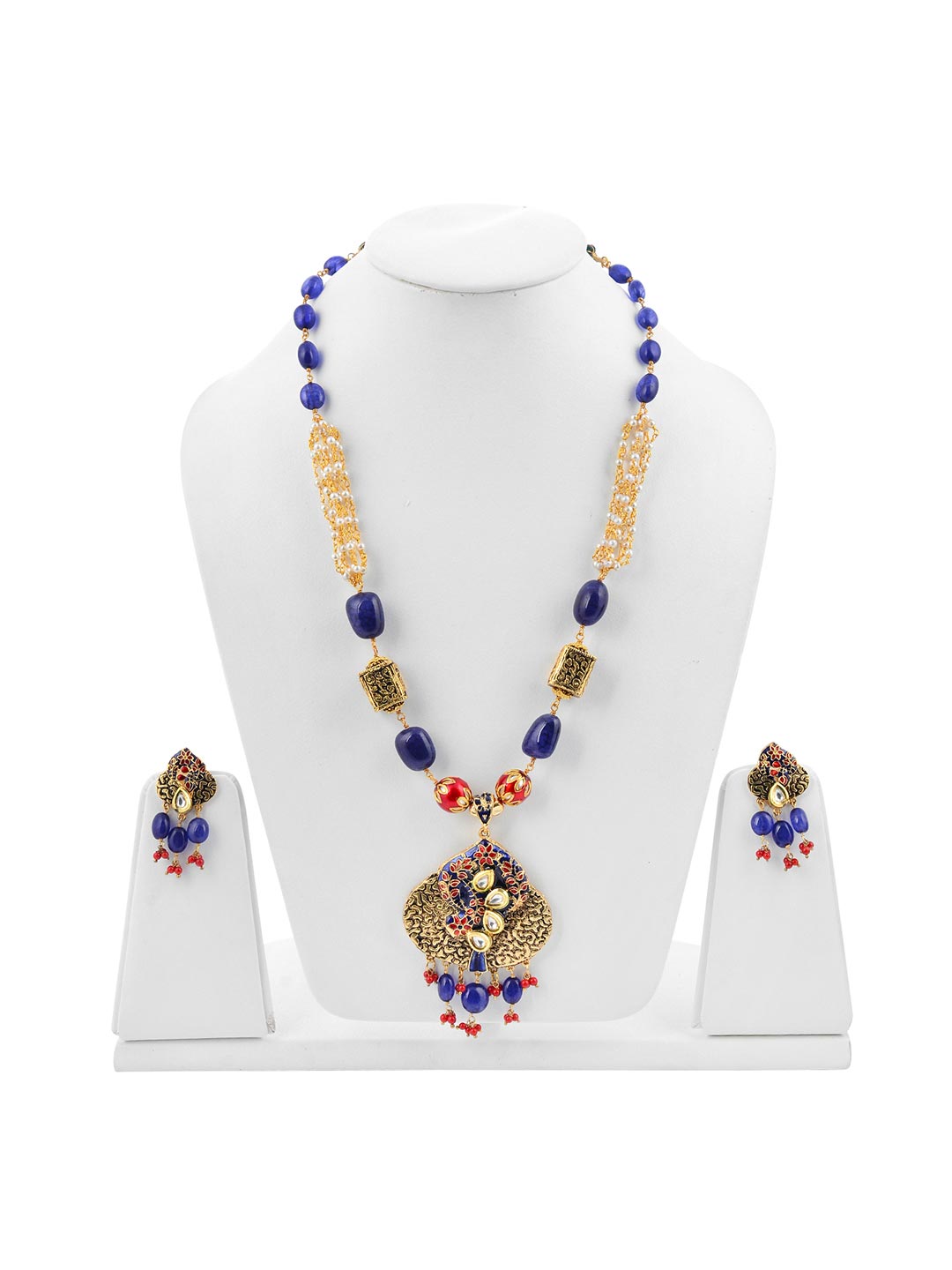 Floral Beaded Kundan Meena Necklace Set