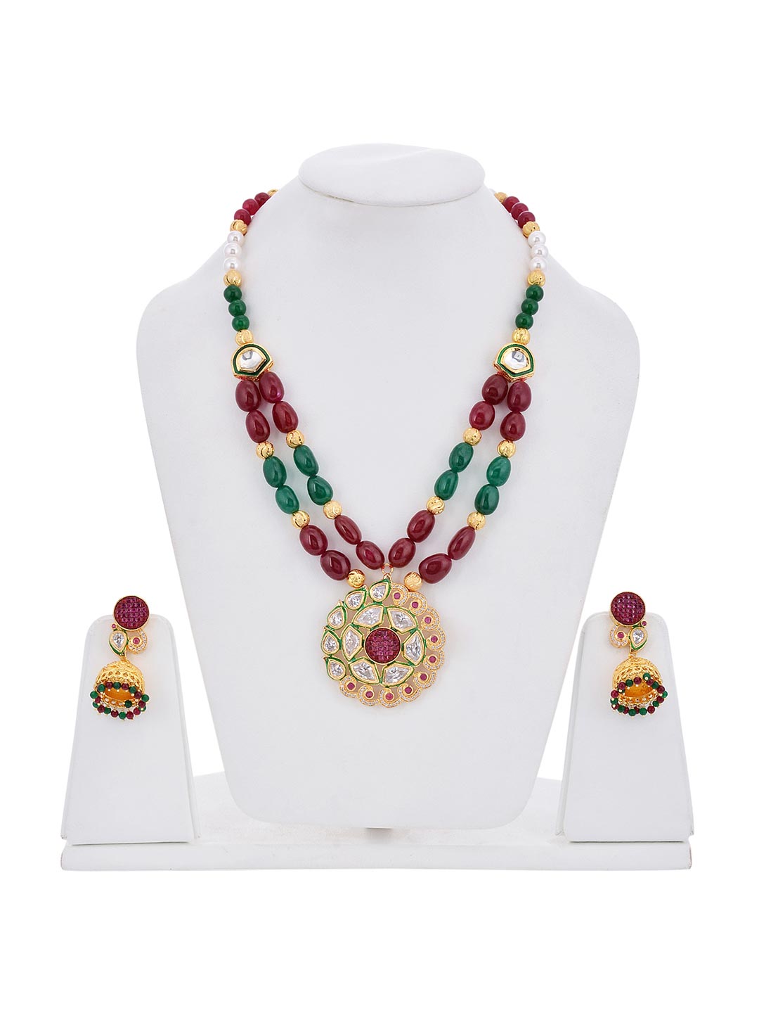 Designer Center Piece Hand Woven In Red Green Stones Necklace Set