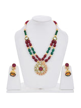 Designer Center Piece Hand Woven In Red Green Stones Necklace Set