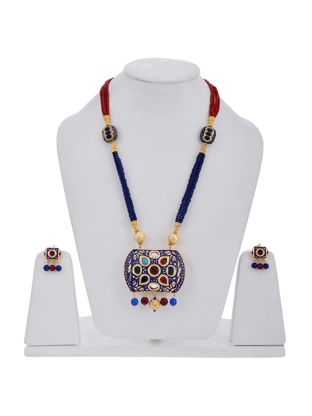 Traditional Navratan Pendant Hand Woven Necklace Set