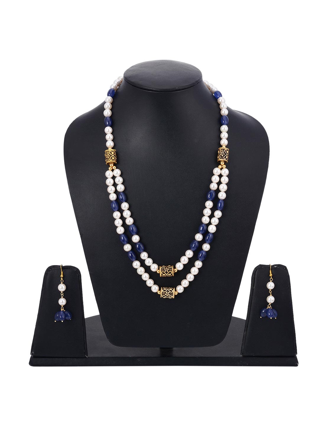 Traditional Beaded Pearls and Blue Stones Necklace Set