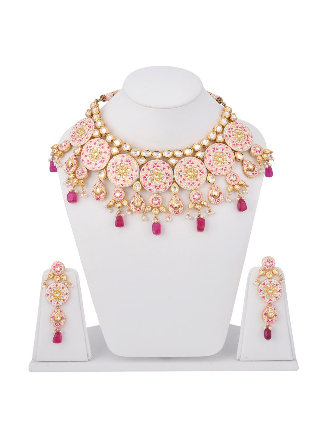 Floral White Enamelled Kundan Meena Choker Necklace Set