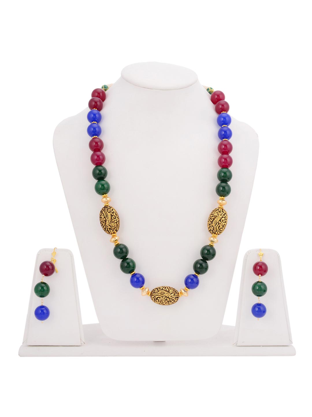 Traditional Big Bold Tri Colored Stones Single Stranded Necklace Set