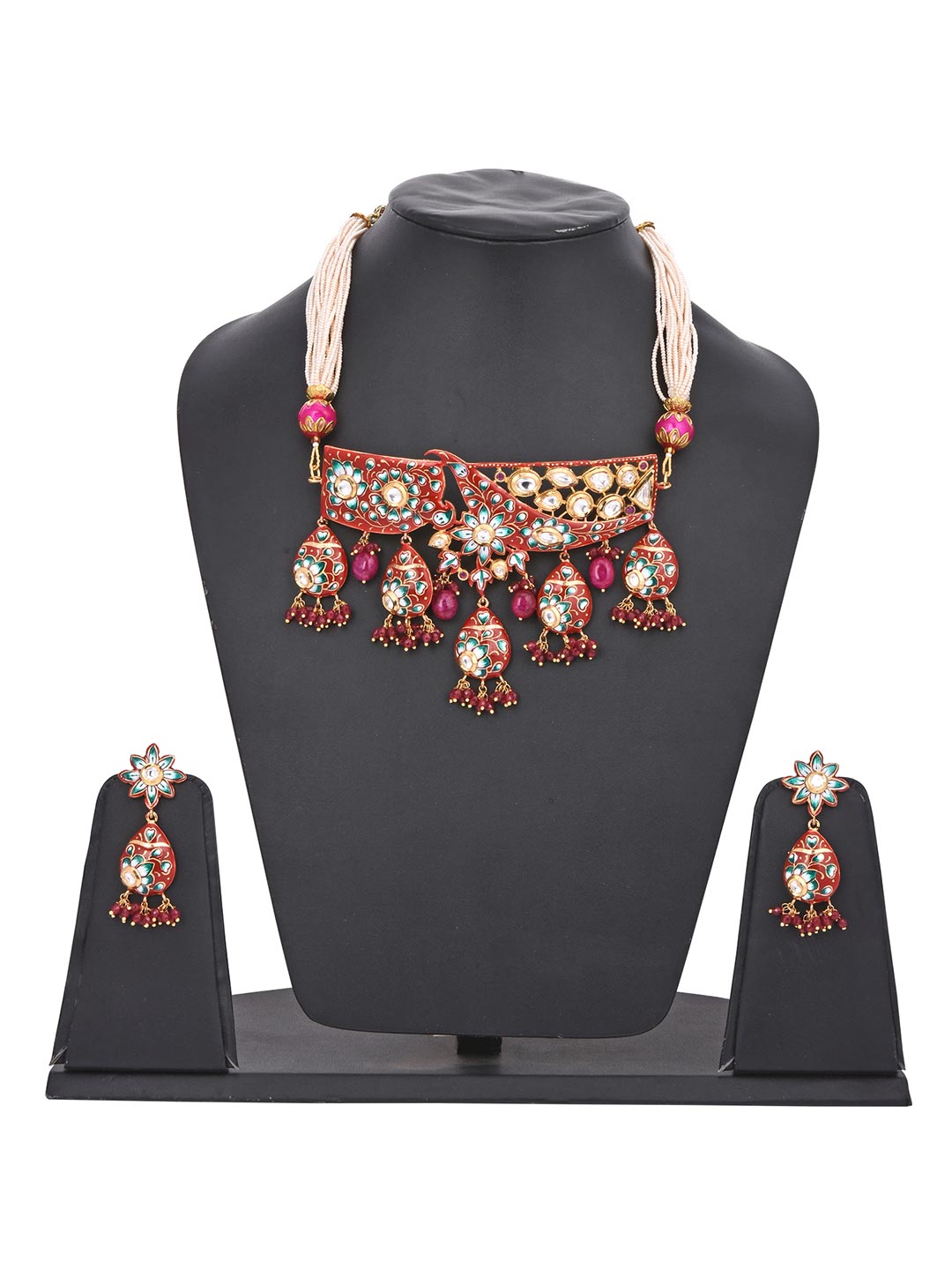 Floral Red Meenakari Kundan Meena Traditional Choker Necklace Set