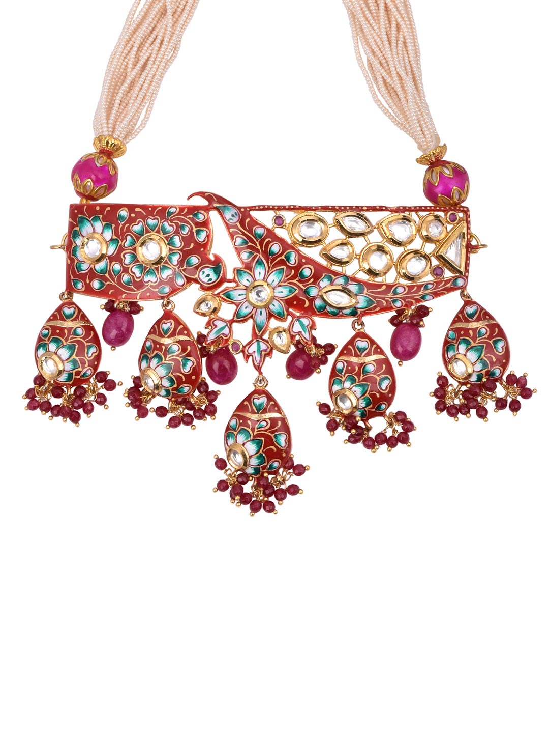 Floral Red Meenakari Kundan Meena Traditional Choker Necklace Set