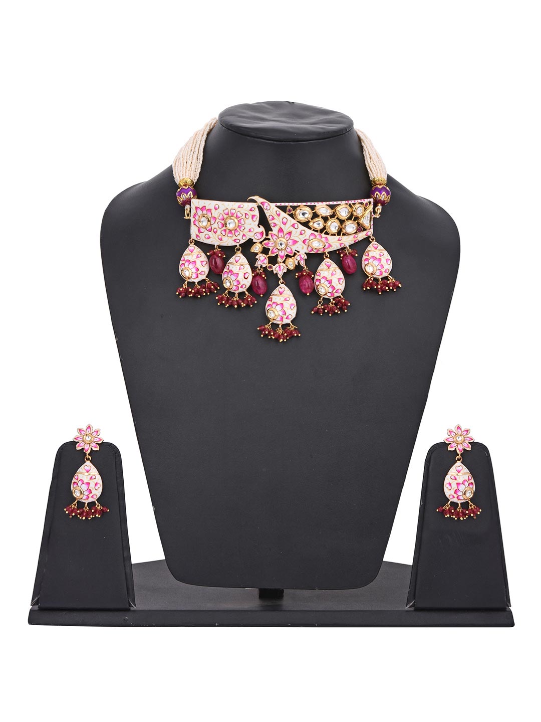 Floral White Meenakari Kundan Meena Traditional Choker Necklace Set