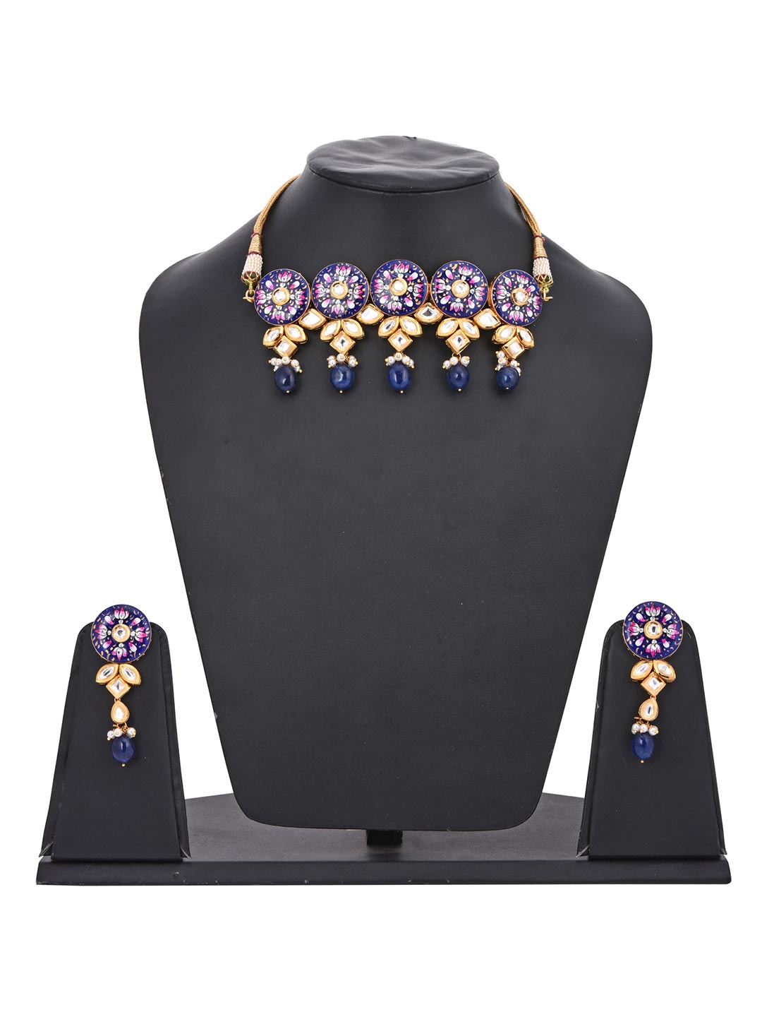 Floral Blue Meenakari Kundan Meena Choker Necklace Set