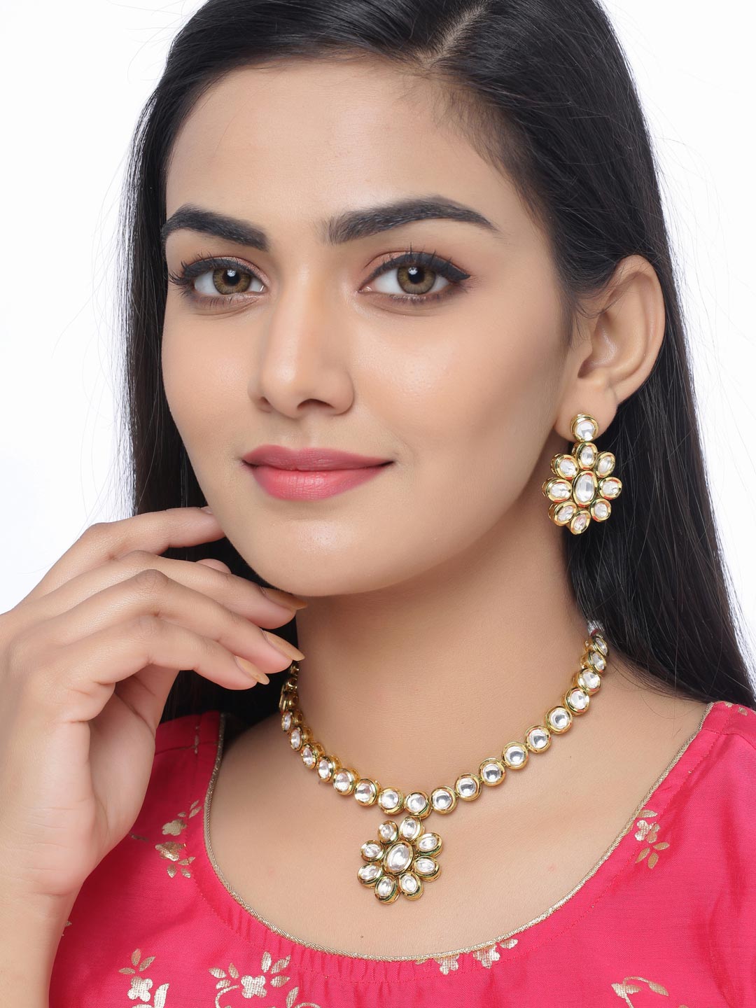 Classic Single Line Kundan Meena Necklace Set